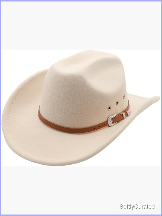 Unisex Wide Brim Felt Fedora Cowboy Hat with Buckle Belt
